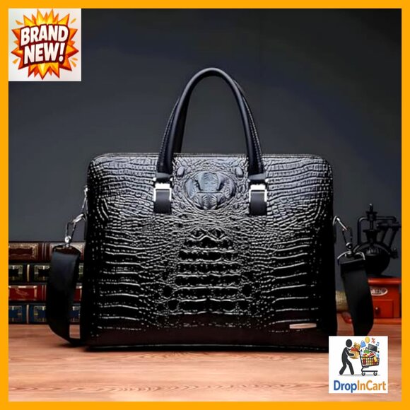 Leather Business Briefcase Classic Crocodile Pattern Handmade Shoulder Bag - Picture 3 of 6